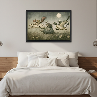 Black-framed moonlit animal adventure canvas wall art above a cream sofa, depicting storybook animals beneath a full moon.