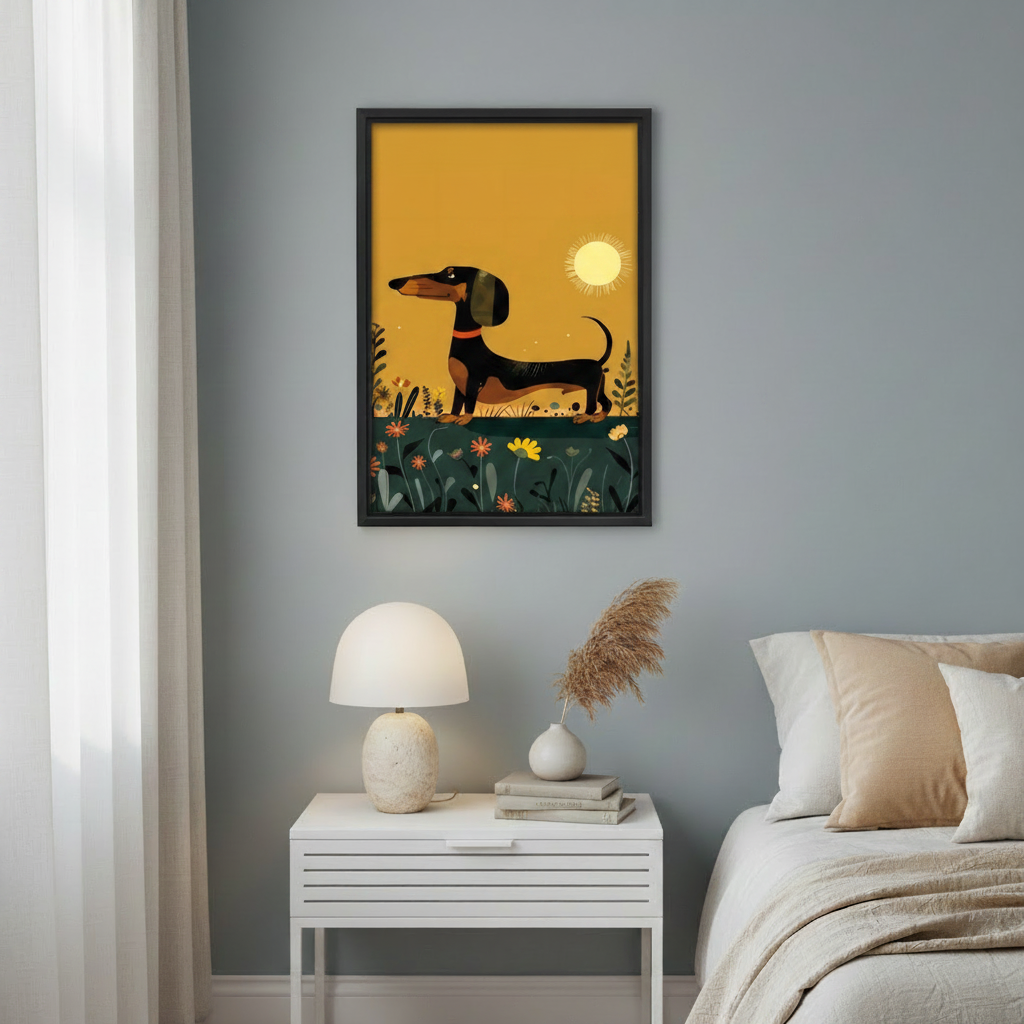 Dog lover gift canvas print, dachshund in flower garden retro style wall art