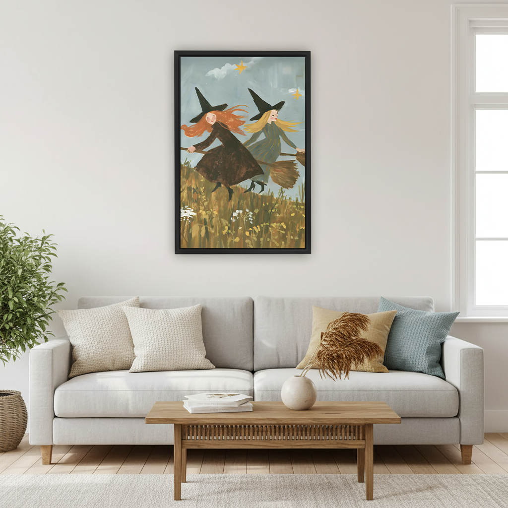 Flying witches canvas wall art above a sofa, featuring two broom-riding witches beneath a pale blue sky.