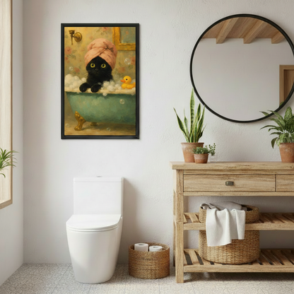 Black cat bubble bath with rubber duck framed wall art, black frame, vintage floral oil painting style, hung above toilet in a bright farmhouse bathroom with wooden vanity, round mirror and wicker baskets
