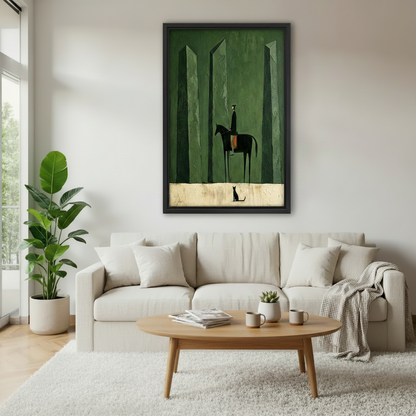 Minimalist knight forest dark green canvas wall art in black frame above white sofa with plants, moody black horse rider and cat living room decor