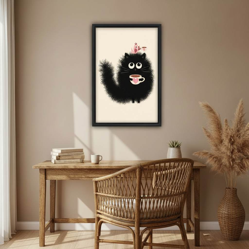 Charming fluffy black cat holding latte cup pink bird coffee lover cute wall art print in black frame above rustic oak desk with rattan chair stacked books white coffee cup and pampas grass in warm boho home office