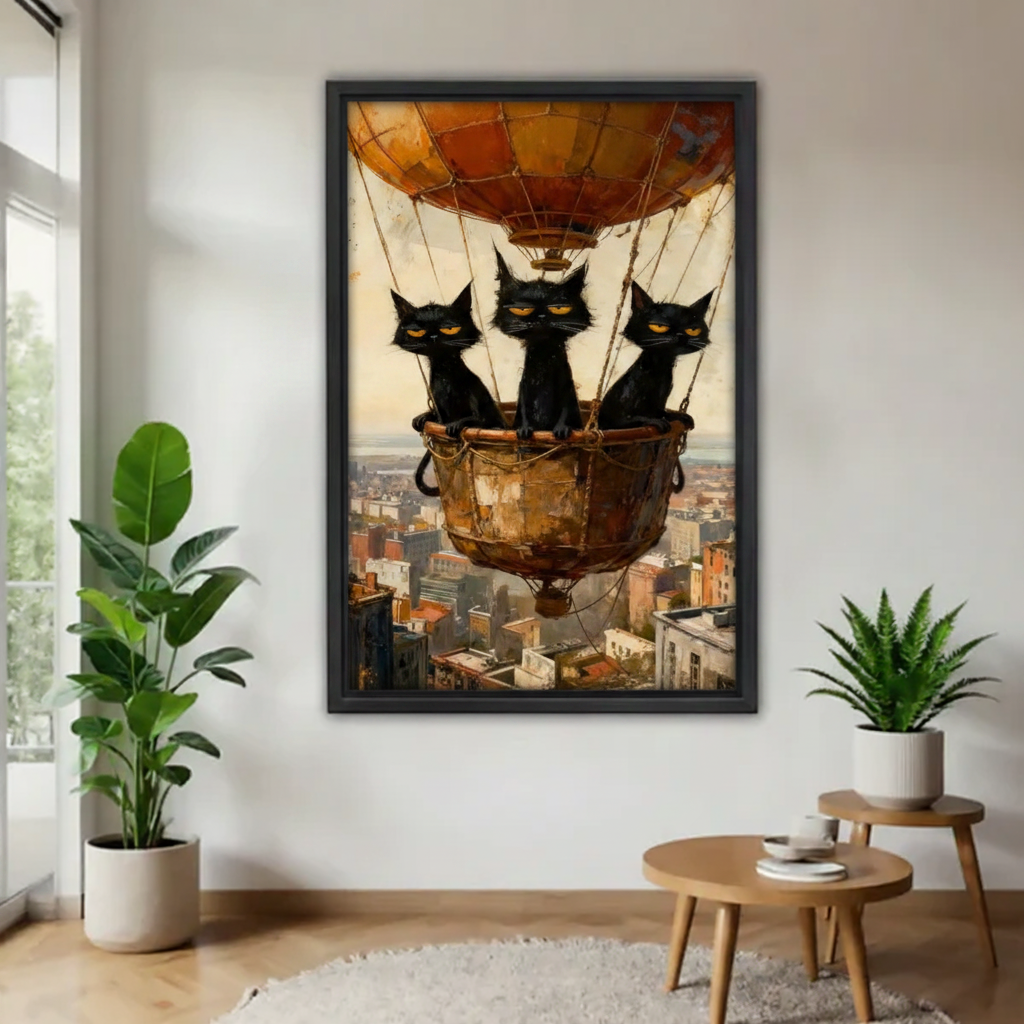 Vintage black cat hot air balloon canvas wall art in black frame, living room decor