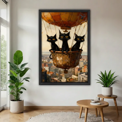 Vintage black cat hot air balloon canvas wall art in black frame, living room decor