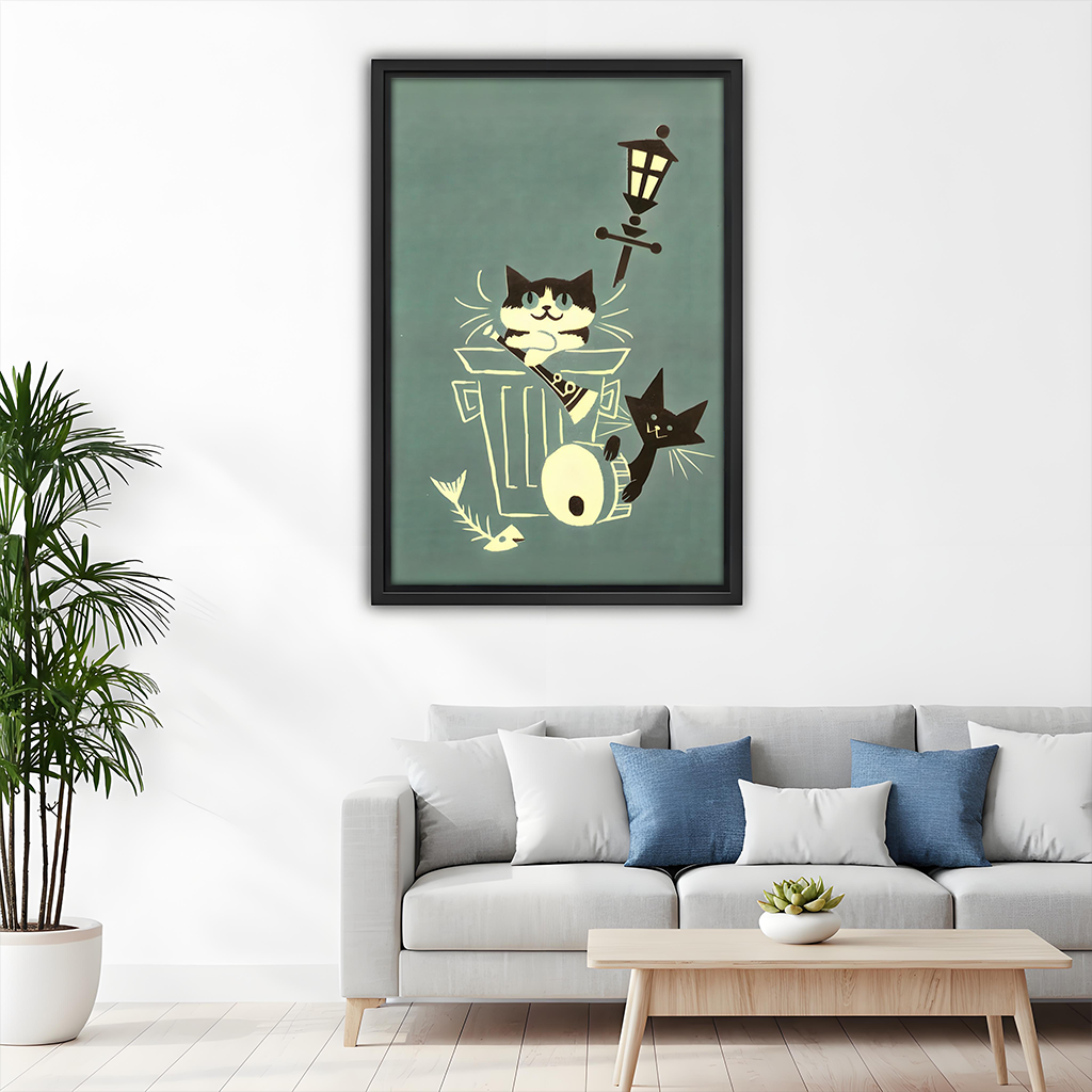 Gallery-wrap alley cats canvas wall art above a dining table, featuring two cats, a trash can, and a fish skeleton.