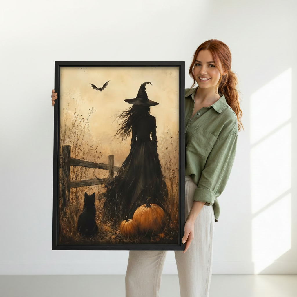Woman holding large vintage witch framed canvas wall art — gothic black cat Halloween print, Liberty Signs wall decor