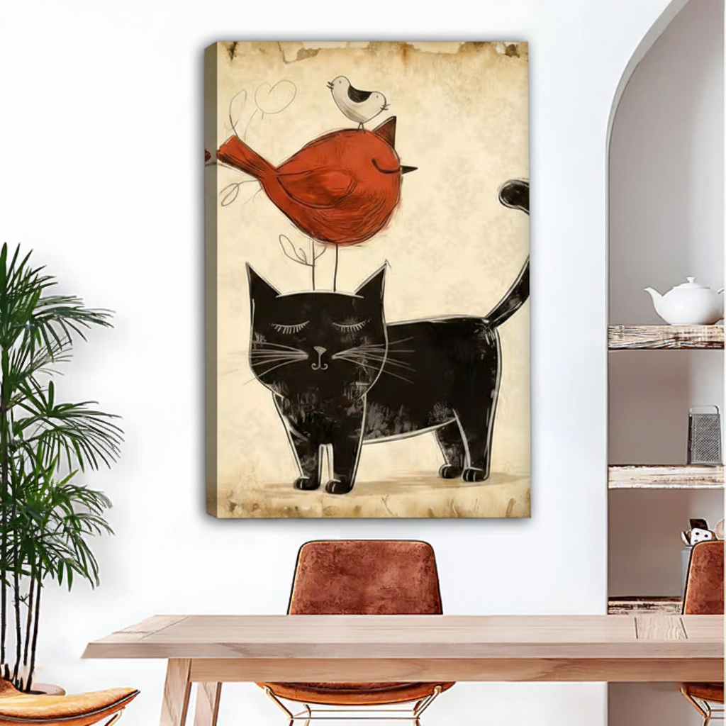 Vintage black cat red bird gallery wrap canvas wall art above dining table, whimsical hand-drawn black cat with robin and small white bird