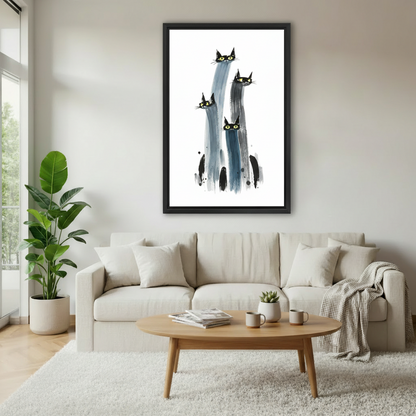 Framed minimalist black cat watercolor canvas wall art above beige sofa in bright Scandinavian living room