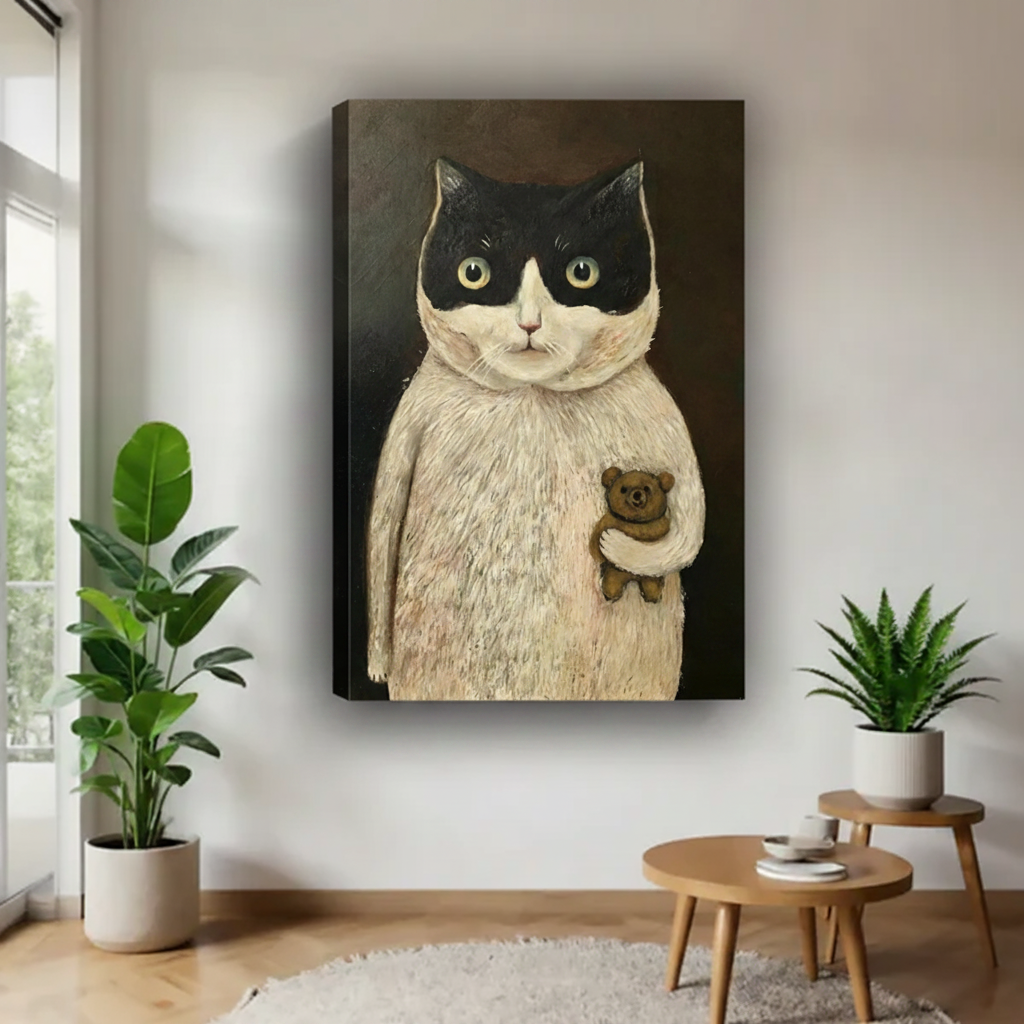 Tuxedo cat teddy bear gallery wrap canvas art without frame in modern living room with plants