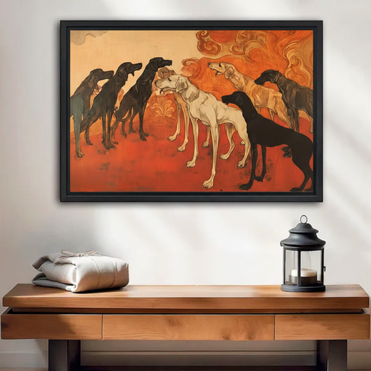 Art Nouveau hound pack framed canvas wall art in terracotta and black, displayed above a wooden console table