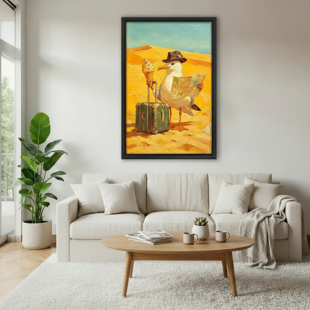 Whimsical seagull traveler desert oil painting canvas wall art in black frame above white sofa, funny bird with cowboy hat map and suitcase