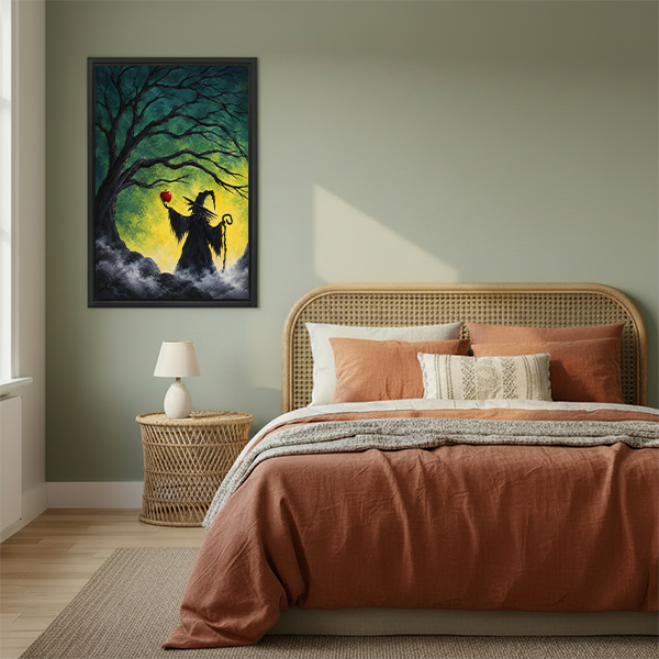 Gothic witch and poison apple canvas wall art framed in black above a cream sofa and oval wood table