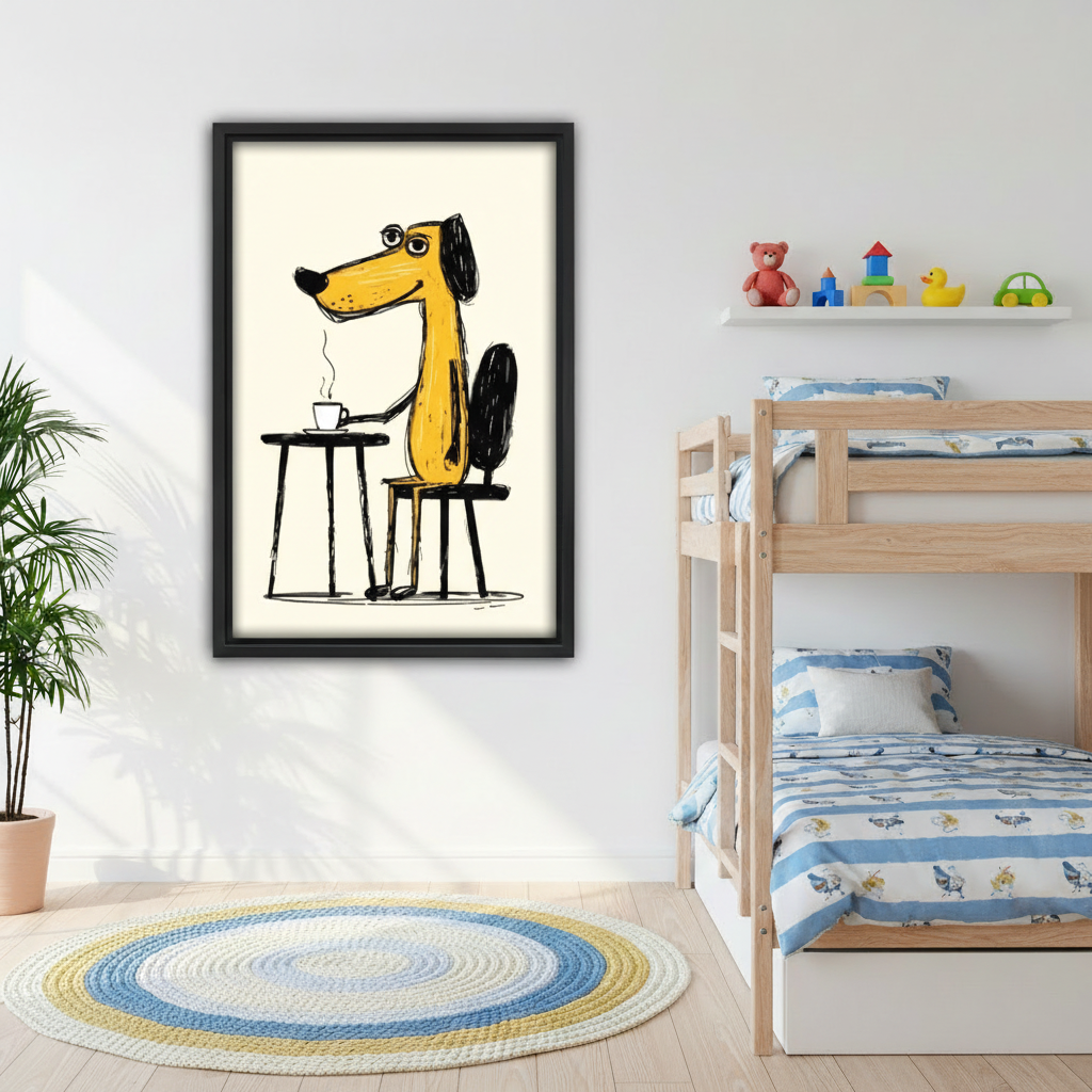 Cute dog coffee wall art for kids bedroom, whimsical yellow cartoon dog sitting at cafe table with steaming cup, black framed canvas print for children's room decor