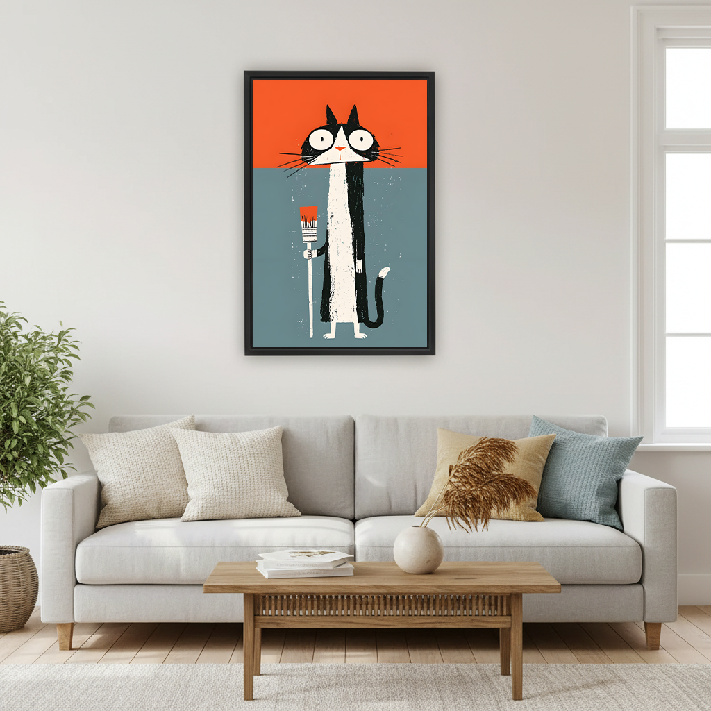Woman holding framed graphic cat painter canvas art showing a black-and-white cat with a paintbrush