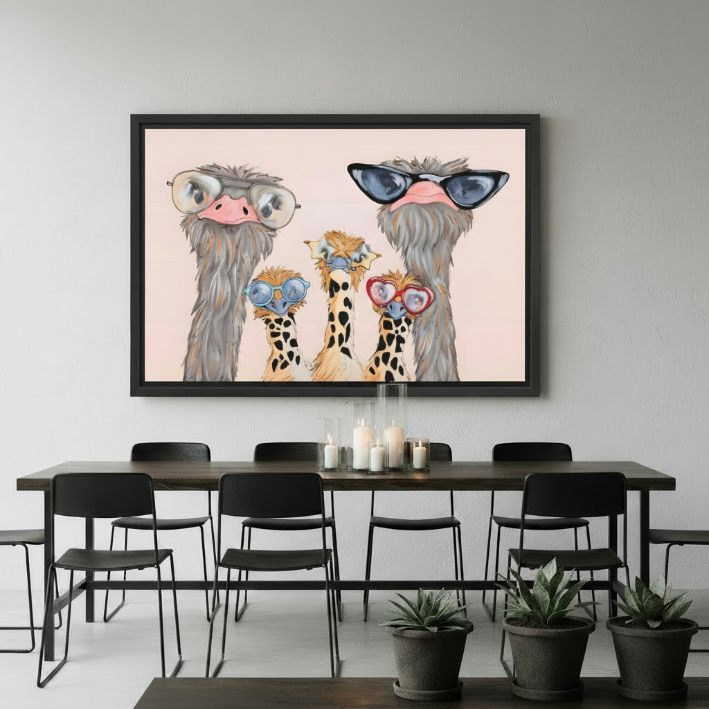 Five Funky Ostriches Sunglasses Framed Print in Bedroom – Whimsical Pink Bird Wall Art for Modern Interiors