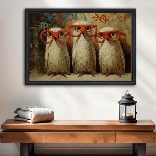 Funny owl trio canvas wall art in black frame above wooden console, three owls with red glasses graffiti style print