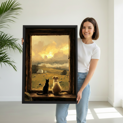 Woman holding large black framed cat and dog sunset farmhouse oil painting canvas print showing full artwork size