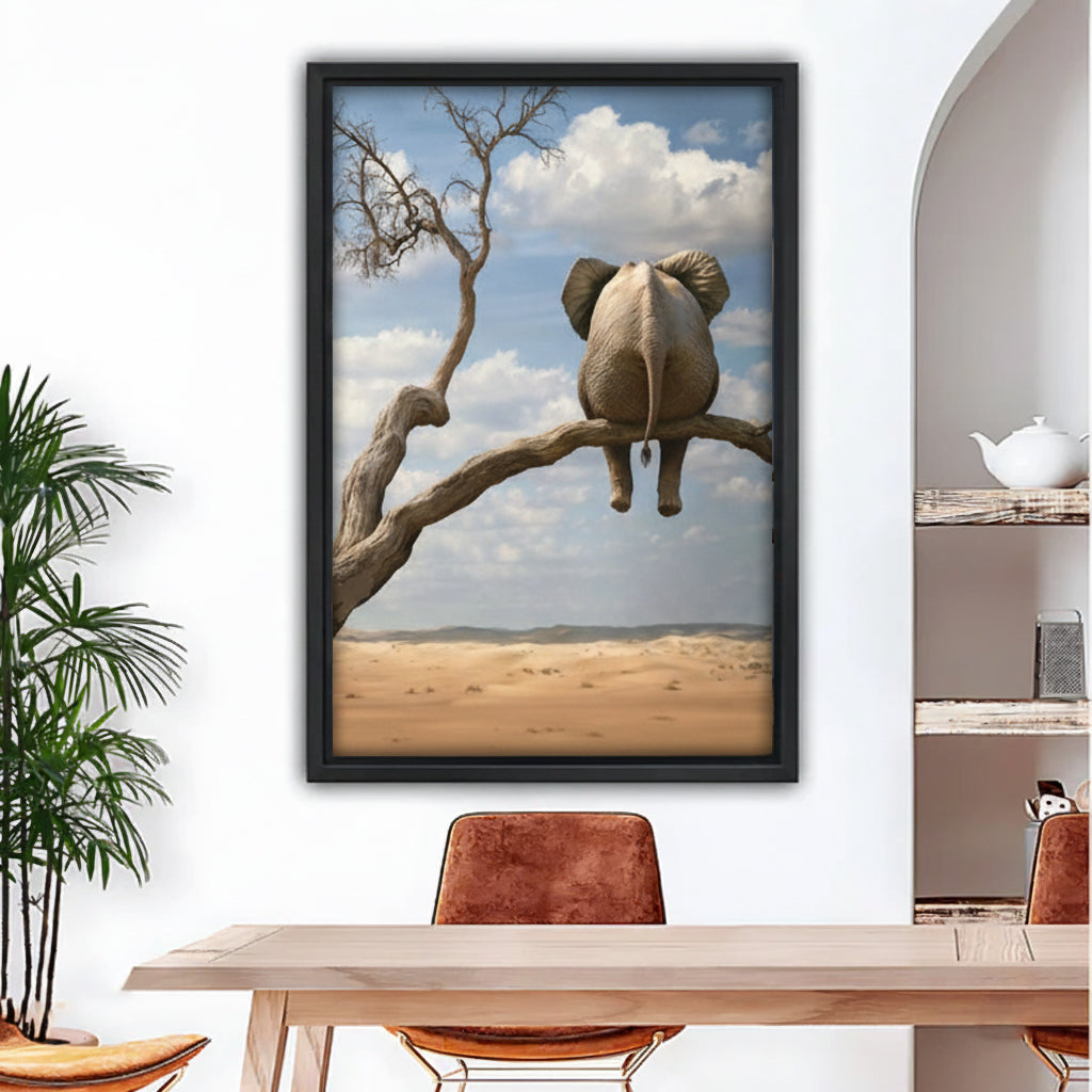 Funny elephant perched on dead tree branch surreal desert framed canvas wall art in dining room