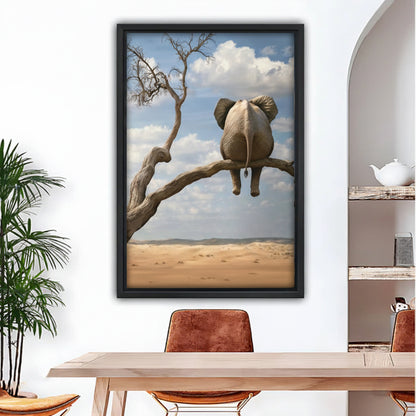 Funny elephant perched on dead tree branch surreal desert framed canvas wall art in dining room