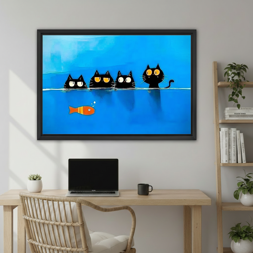 Four Curious Black Cats Watching Fish Wall Art – Bold Blue Framed Print for Cat Enthusiasts