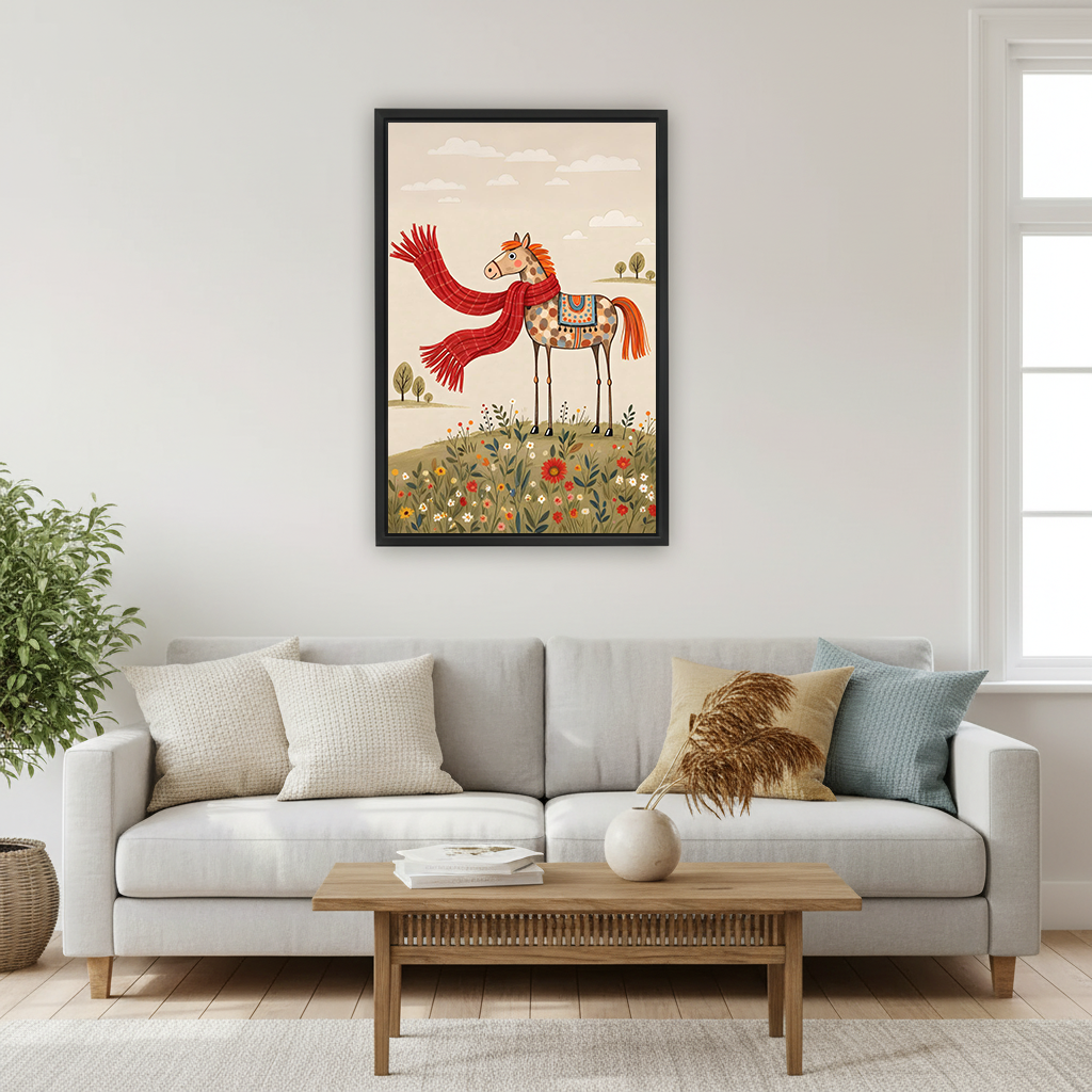 Framed whimsical horse in scarf canvas wall art displayed above a dining table in an elegant home office