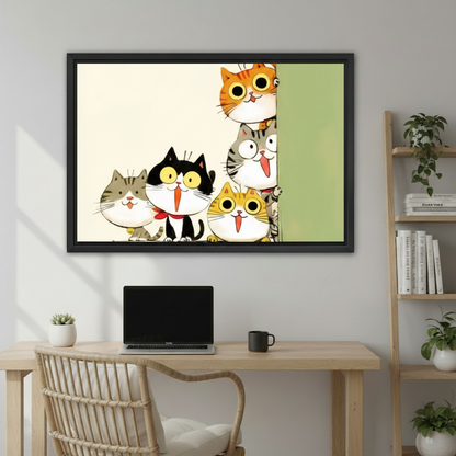 Four Cute Cats Peeking Wall Print – Japanese Style Framed Decor for Nursery and Cat Enthusiasts