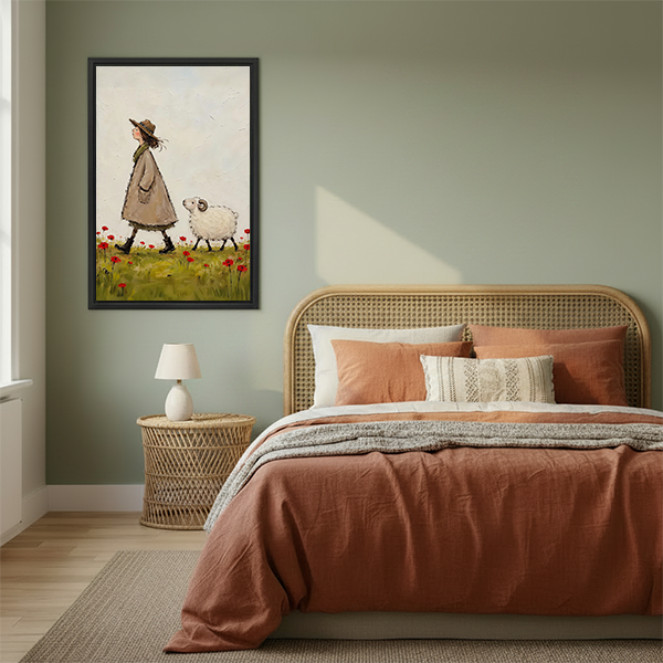 Storybook woman and sheep canvas wall art in a black frame displayed above a cream sofa and coffee table.