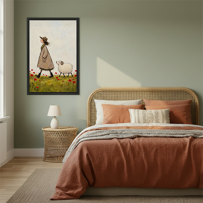 Storybook woman and sheep canvas wall art in a black frame displayed above a cream sofa and coffee table.