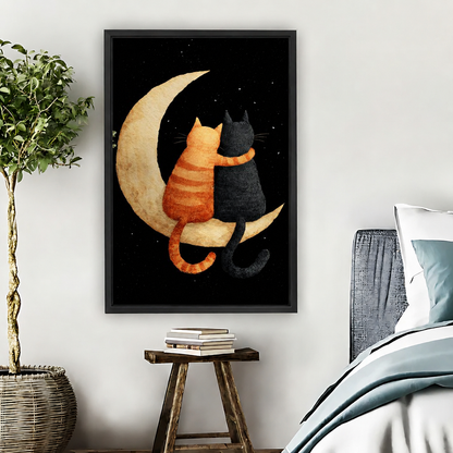Romantic orange tabby and black cat sitting on crescent moon canvas wall art unframed beside bed with wooden stool and wicker basket in cozy boho bedroom