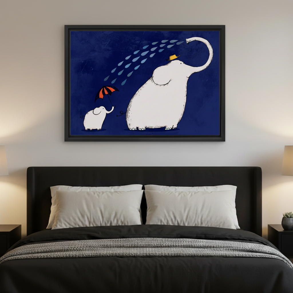 Tender elephant mom yellow hat spraying water smiling baby elephant red umbrella navy blue whimsical wall art print in black frame above dark leather bed with white bedding and bedside lamps in modern bedroom