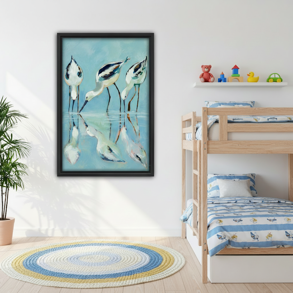 Avocet shorebirds wading water reflection framed wall art, black frame, teal blue coastal oil painting style, styled on white wall in a cheerful kids bedroom with bunk beds and colorful round rug
