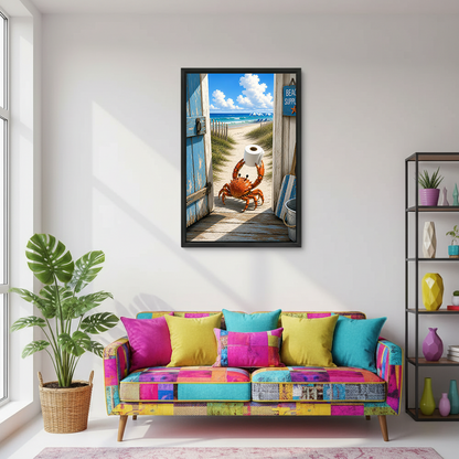 Black-framed beach crab canvas wall art featuring an open blue doorway and ocean view above a bathroom toilet.