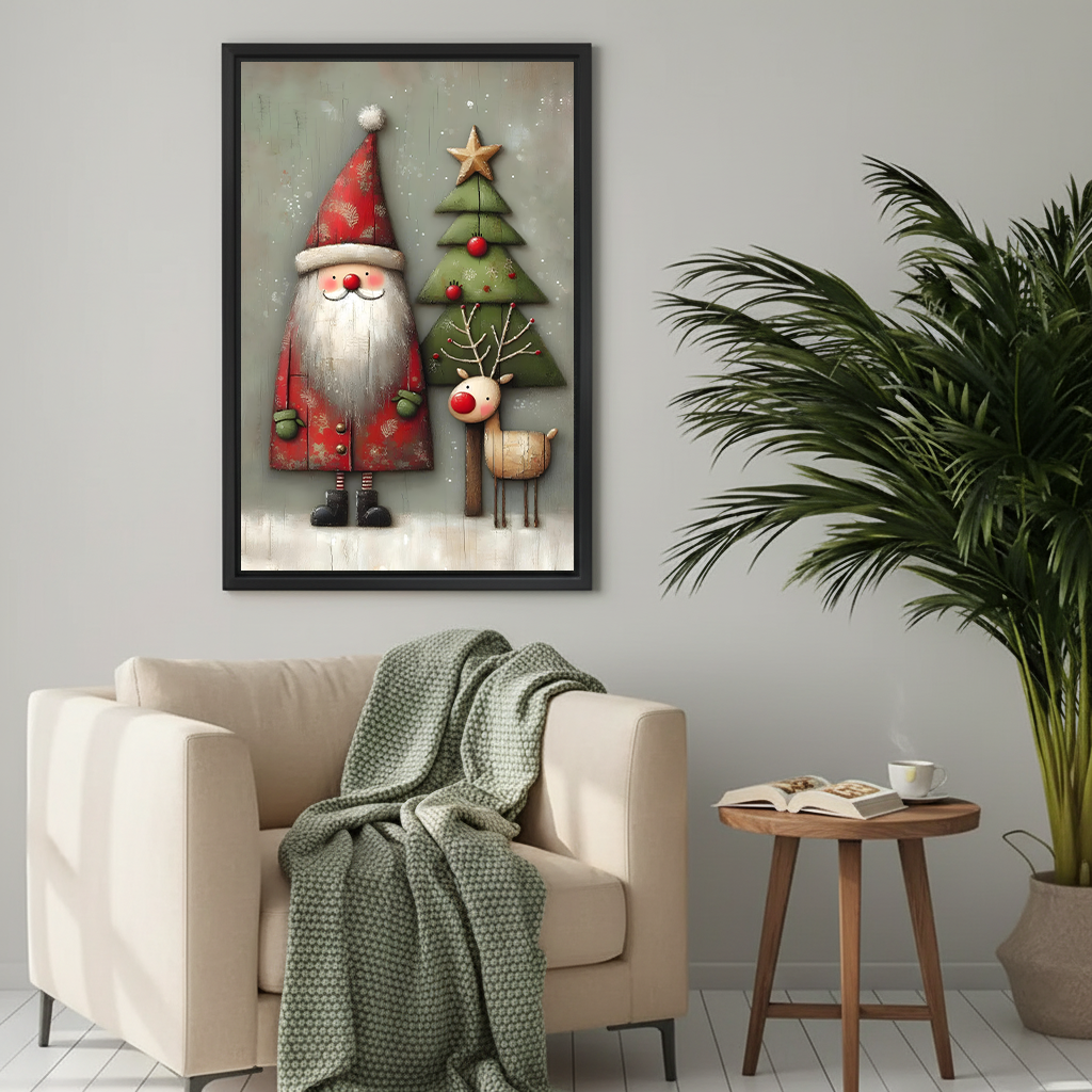 Framed Santa and reindeer Christmas wall art above a cream armchair