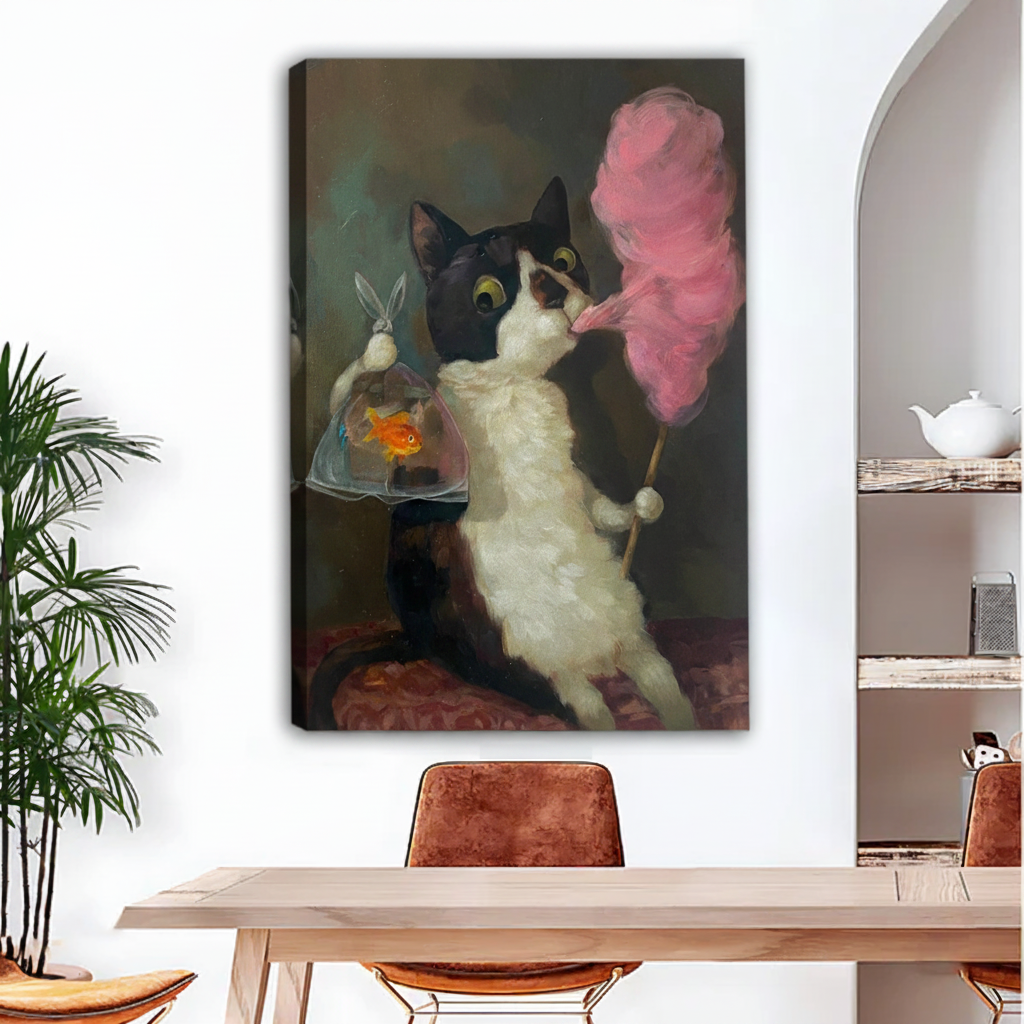 Vintage cat goldfish cotton candy canvas art print displayed in dining room — gallery wrap wall decor