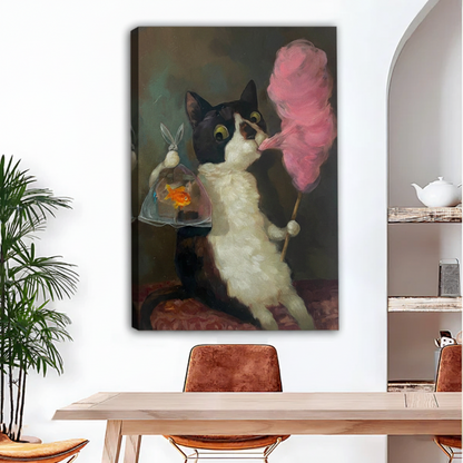 Vintage cat goldfish cotton candy canvas art print displayed in dining room — gallery wrap wall decor