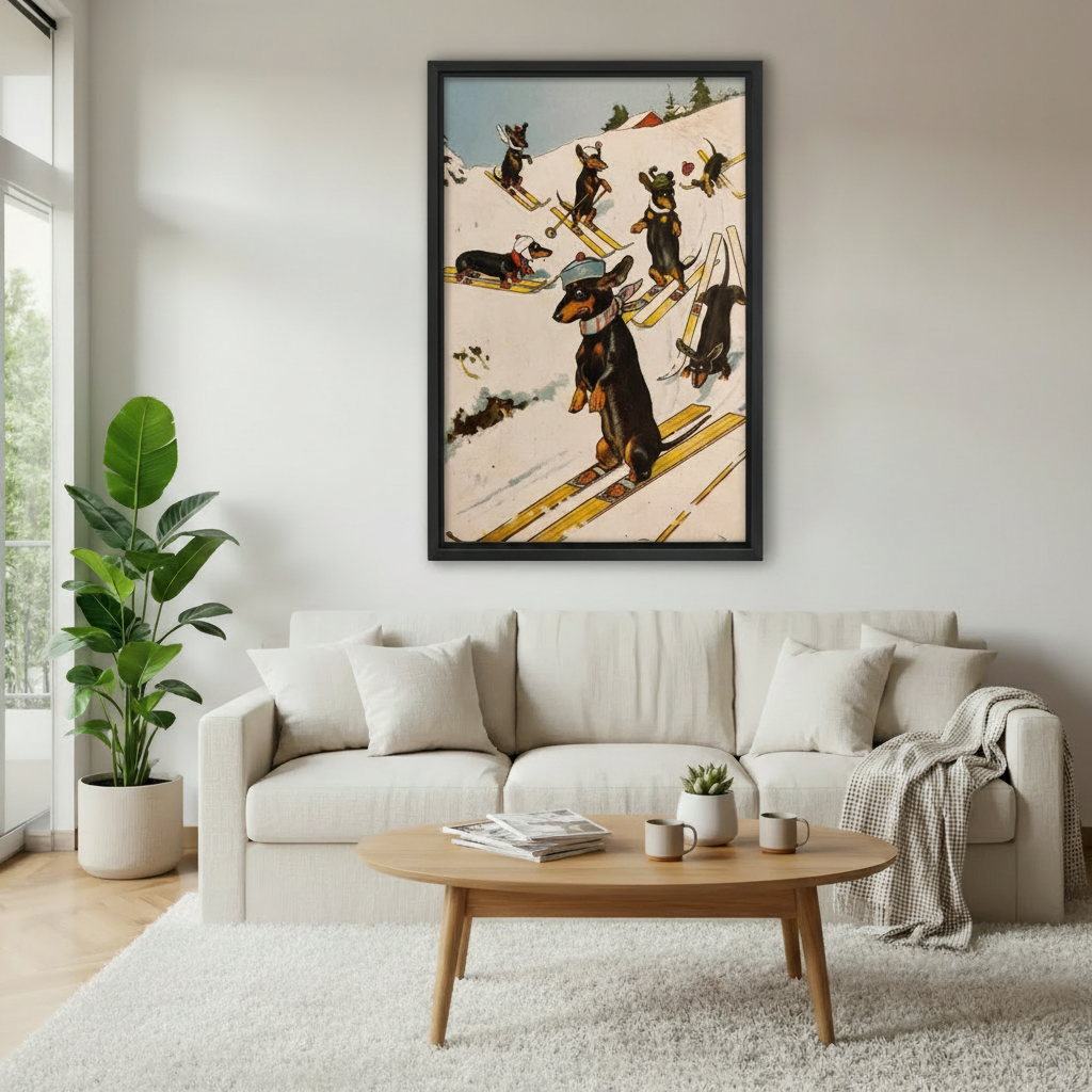 Funny dachshund skiing framed canvas wall art above white sofa, retro vintage dog ski slope illustration living room decor