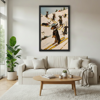 Funny dachshund skiing framed canvas wall art above white sofa, retro vintage dog ski slope illustration living room decor