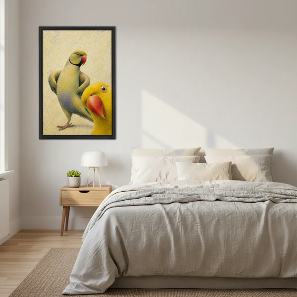 Funny Green and Yellow Parrots Framed Wall Art Above Bed – Colorful Oil Painting Style Parrot Bedroom Decor