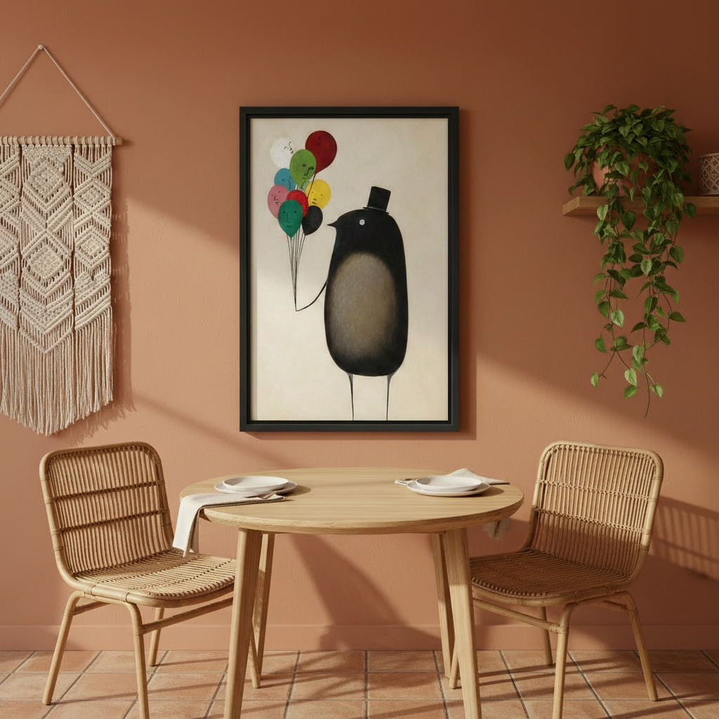 Whimsical Dapper Bird Balloon Framed Wall Print – Surrealist Animal Art for Eclectic and Boho Homes