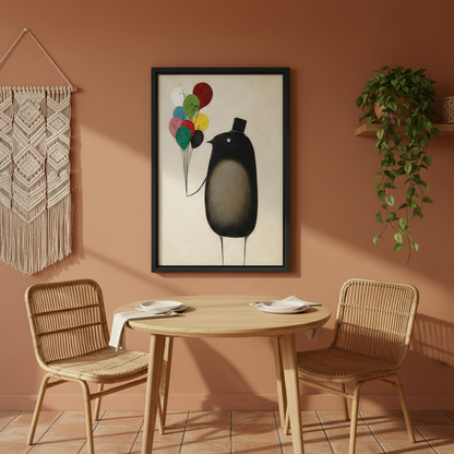 Whimsical Dapper Bird Balloon Framed Wall Print – Surrealist Animal Art for Eclectic and Boho Homes