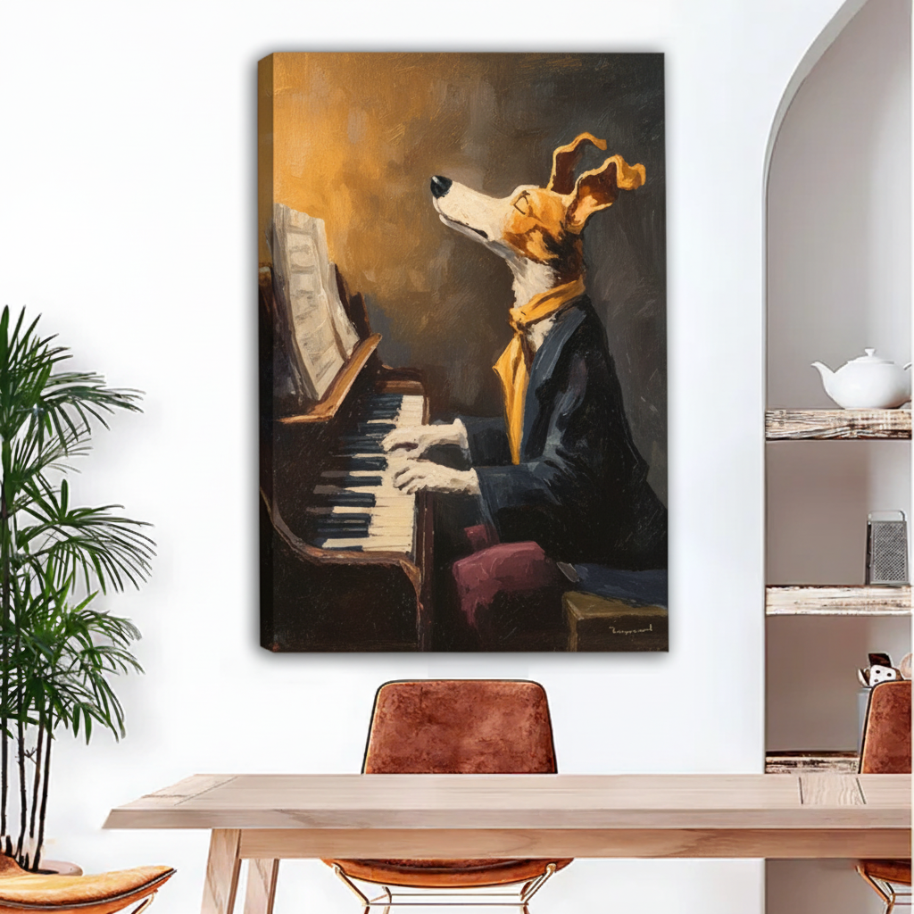 Whimsical dog playing piano canvas wall art, anthropomorphic greyhound in suit oil painting for dining room decor
