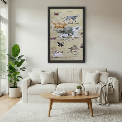 Framed vintage watercolor dogs on leash whimsical canvas wall art above cream sofa in bright Scandinavian living room