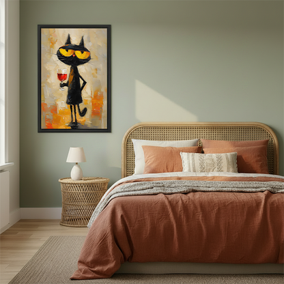 Framed black cat cocktail canvas wall art featuring yellow sunglasses and red wine above a warm neutral bed