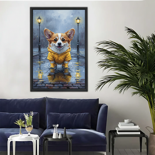 Corgi in Yellow Raincoat Canvas Wall Art - Rainy Day Dog Print| Liberty Signs #L300