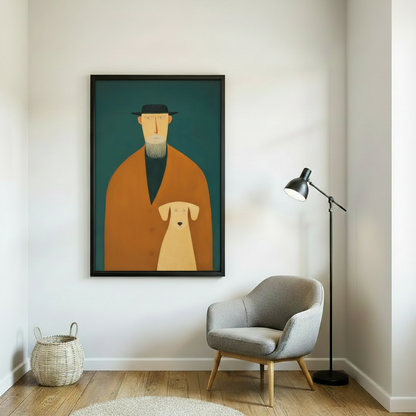 Funny bearded man with hat orange coat and yellow labrador mid-century illustration wall art print in black frame beside grey armchair with black floor lamp and wicker basket in Scandinavian reading nook