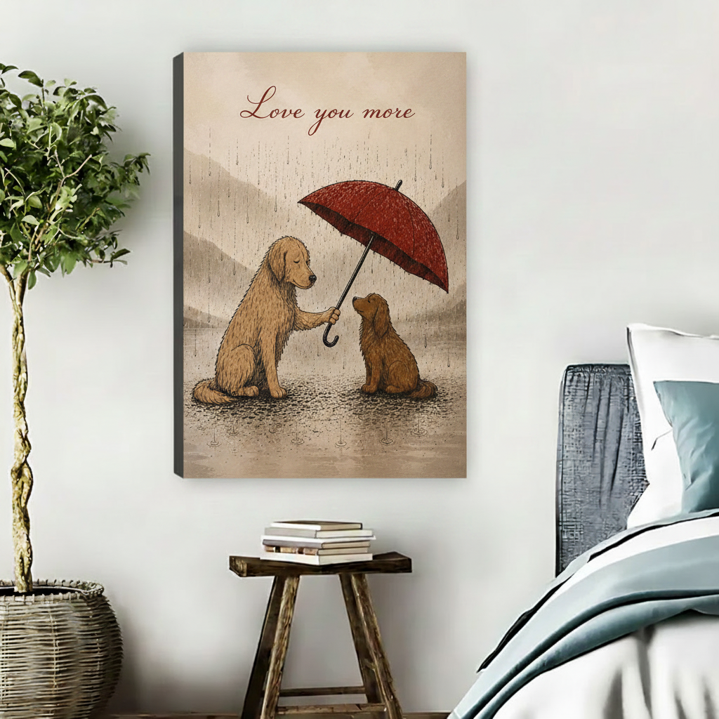 Love You More golden retriever canvas art print in rustic bedroom — no frame gallery wrap style