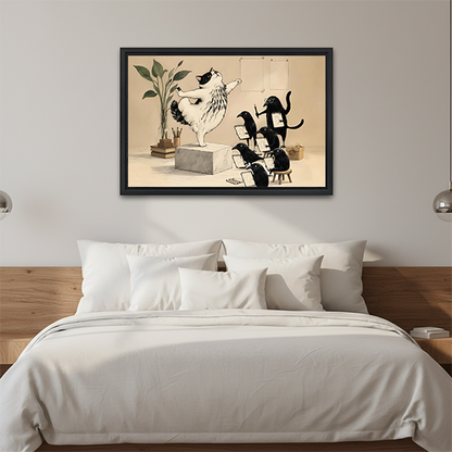 Framed cat choir canvas wall art displayed above a cream sofa in a bright living room.