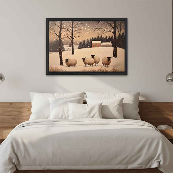 Gallery-wrap winter sheep canvas wall art with four sheep, snowy trees, and a farmhouse above a wooden console.