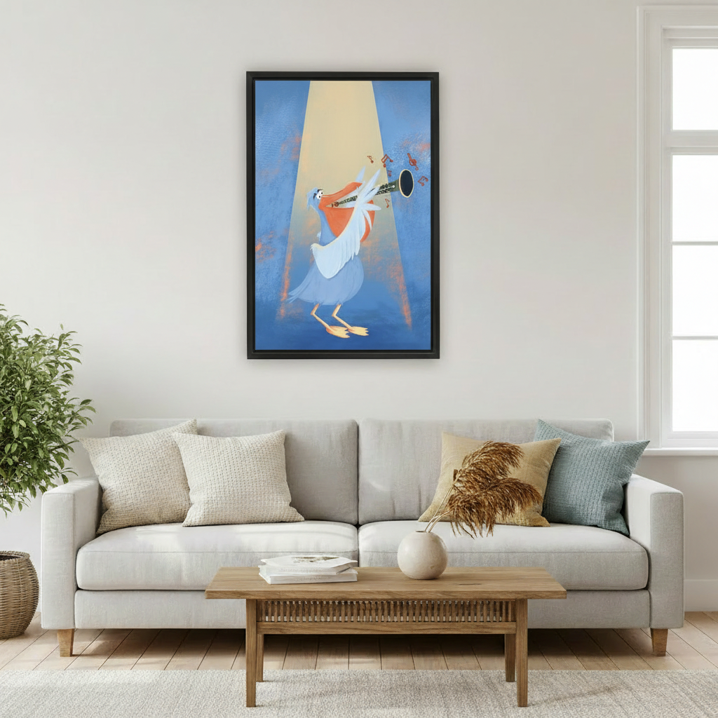 Jazz pelican framed canvas print on living room wall, bold blue music wall art