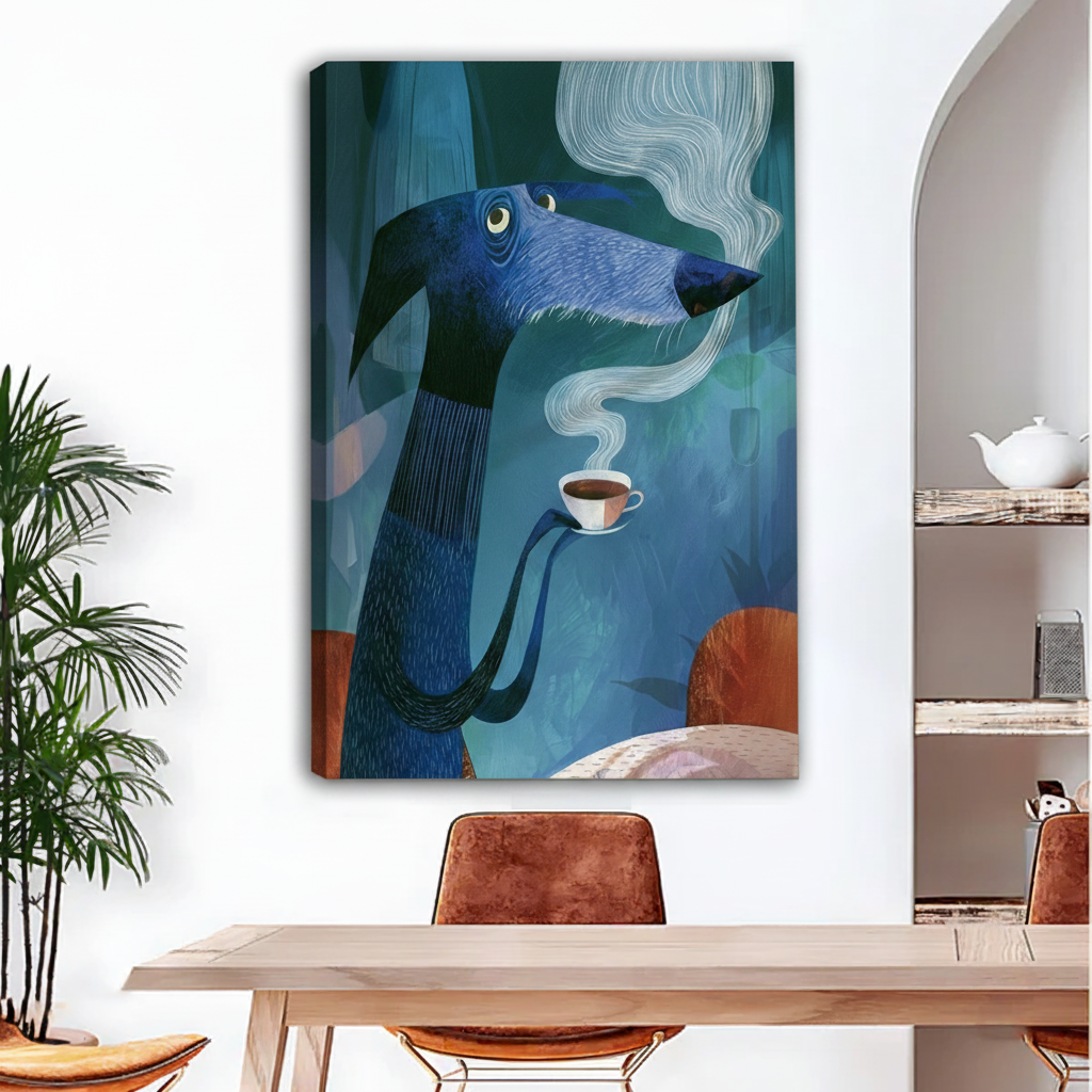 Whimsical blue dachshund canvas wall art print displayed above dining table in modern home